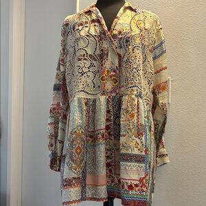 Johnny Was Floral Multicolor Silk Tunic Blouse Mini Dress Medium